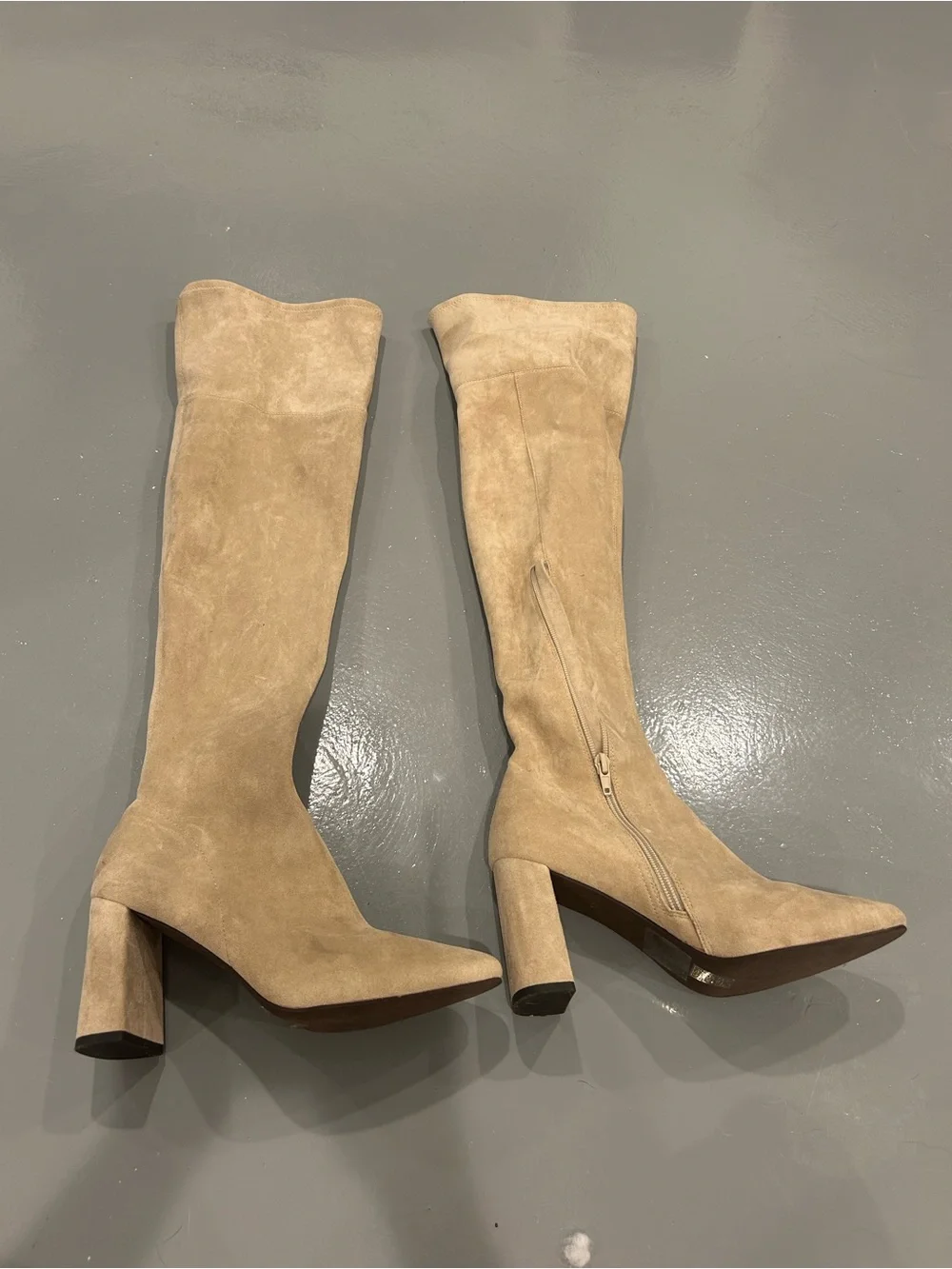 Tall Suede Knee-High Heel Boots in Taupe
